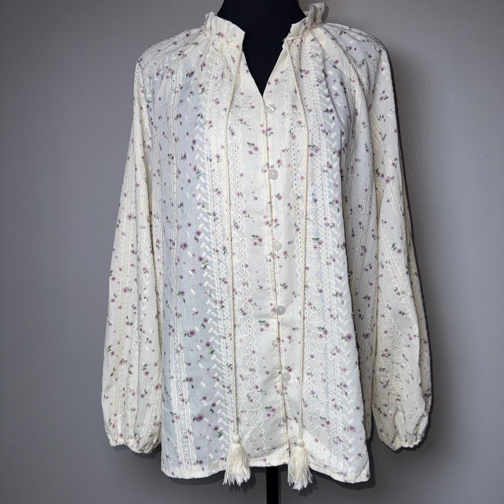 Floral Eyelet Lace Button Front Blouse Cream Purple Tassel Boho Top L Cottage